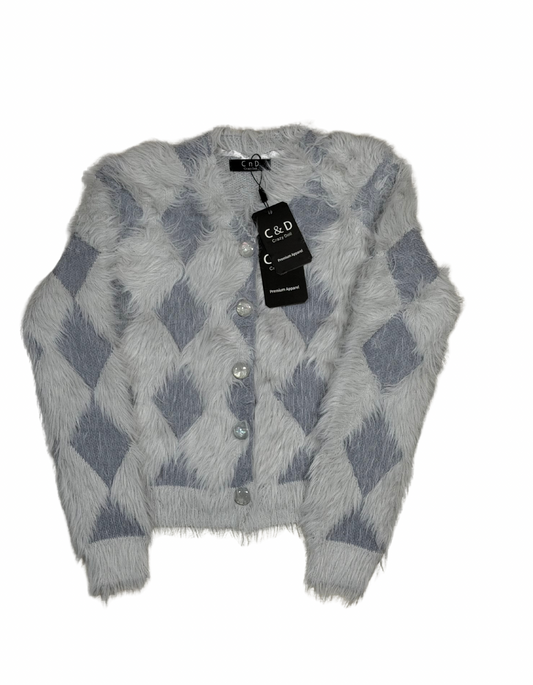 Cozy&Drape extra short cardigan sweater in light blue and grey argyle pattern made from soft fuzzy fur material