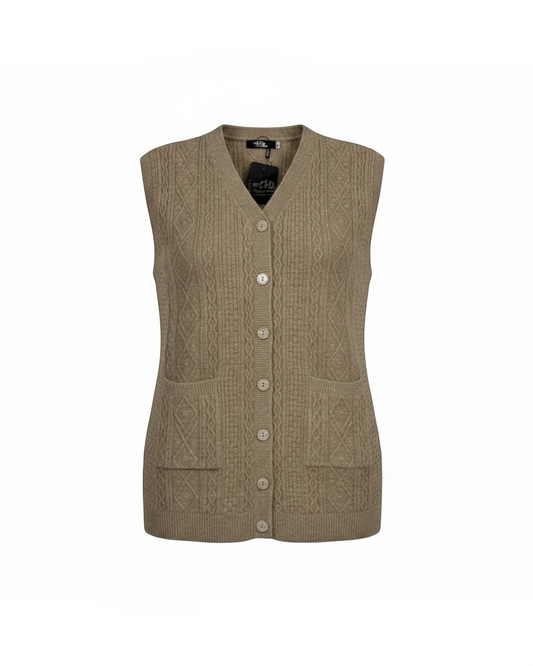 Cozy&Drape sleeveless cable-knit cardigan vest in beige with a V-neck, button-front closure, and two patch pockets.