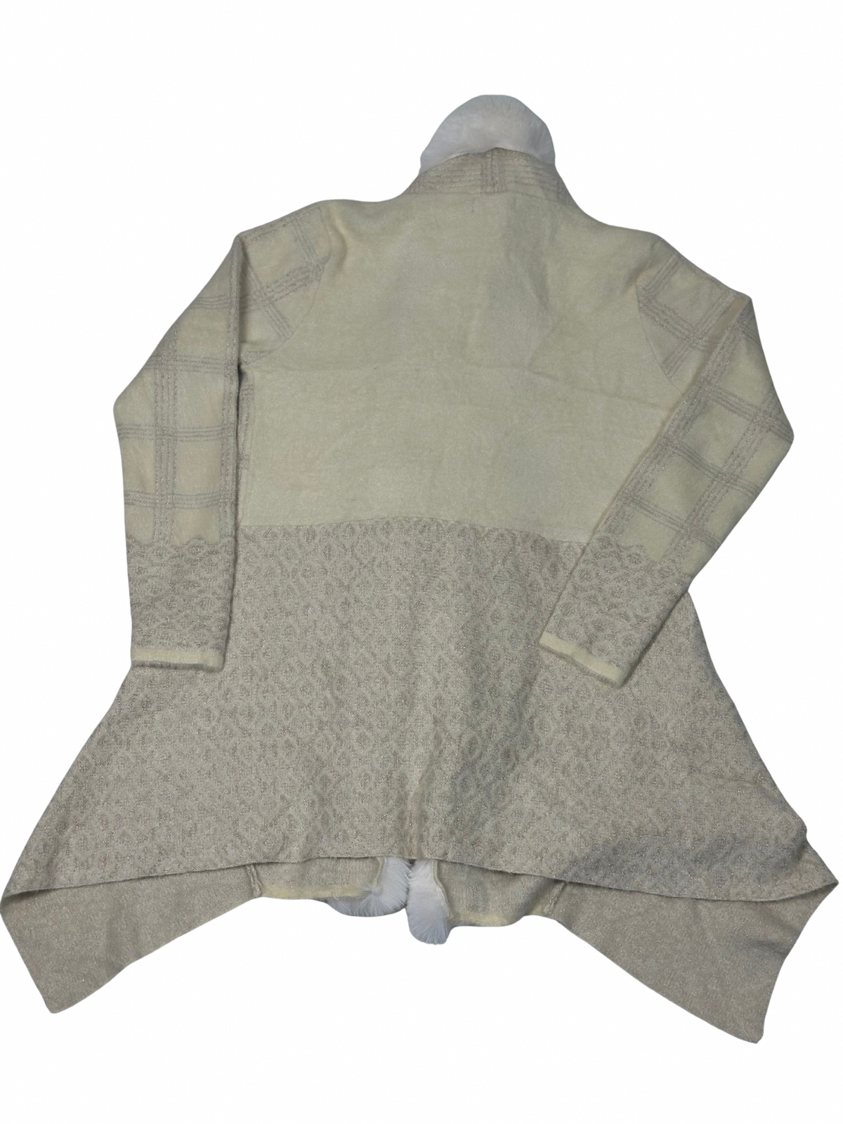 Cozy&Drape beige wool cardigan shrug with an attached muffler, featuring a textured pattern and open front design.
