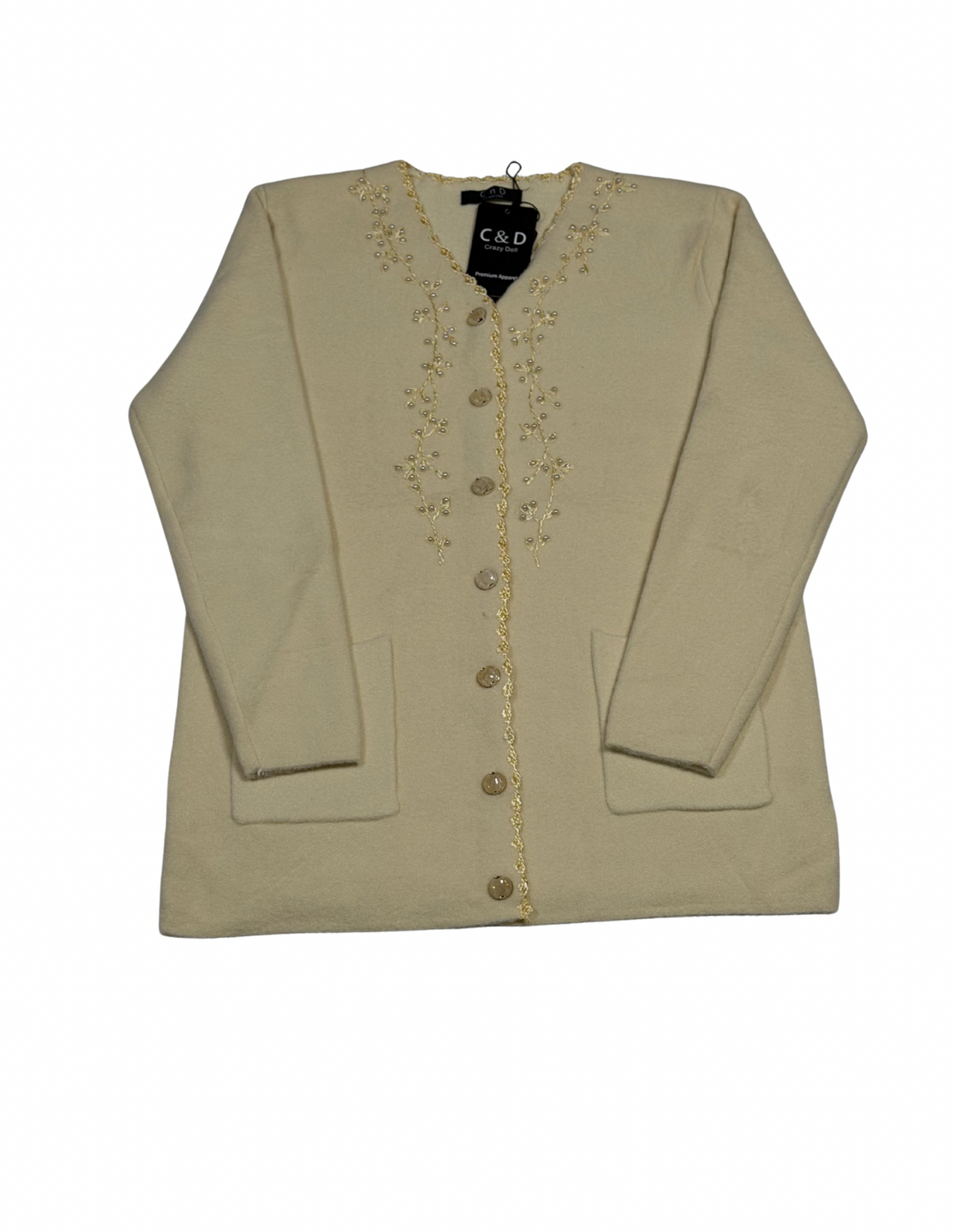 Cozy&Drape beige wool cardigan with floral embroidery, front buttons, and pockets for a soft, elegant layered look.