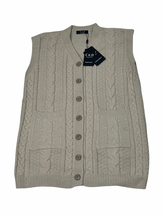 Cozy&Drape beige wool sleeveless cardigan sweater with cable knit pattern, front buttons, and two patch pockets.