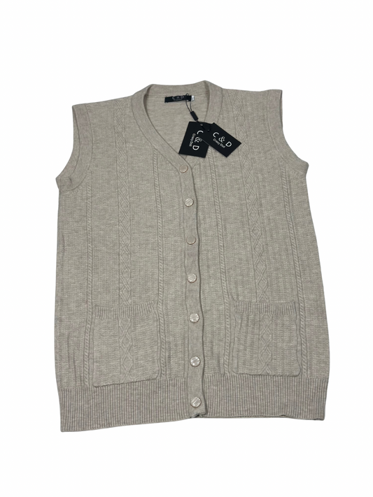 Cozy&Drape sleeveless wool cardigan sweater in beige with cable knit details, front buttons, and two pockets.