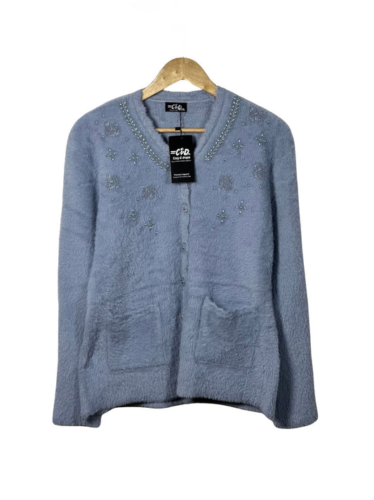 Cozy&Drape blue fuzzy cardigan sweater with beaded floral embroidery, front pockets, and long sleeves on a hanger.