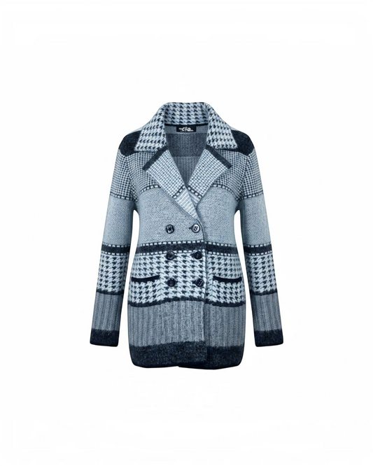 Cozy&Drape blue and grey double-breasted knit blazer with a houndstooth pattern, lapel collar, and front pockets.