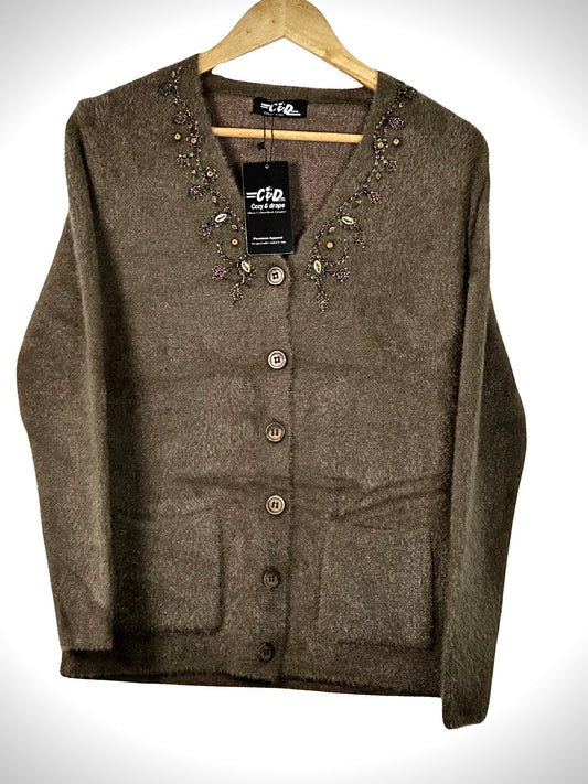 Cozy&Drape brown full sleeve cardigan sweater with beaded floral neckline embroidery and front pockets