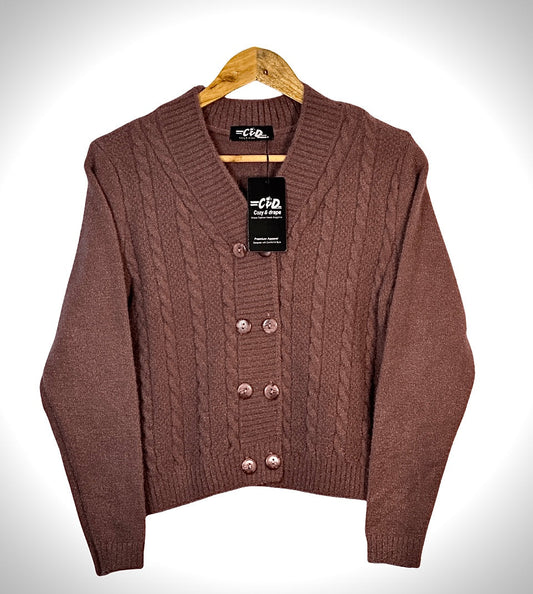 Cozy&Drape brown cable knit extra short cardigan sweater with a V-neck and double-breasted button closure
