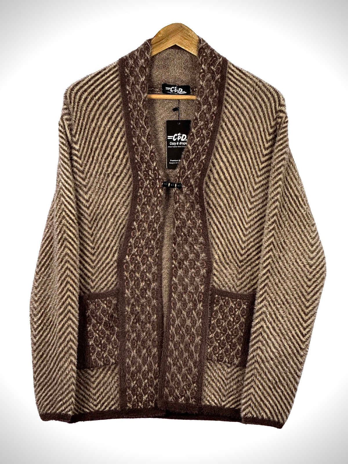 Cozy&Drape open front sweater in brown and beige chevron knit with front pockets and toggle closure