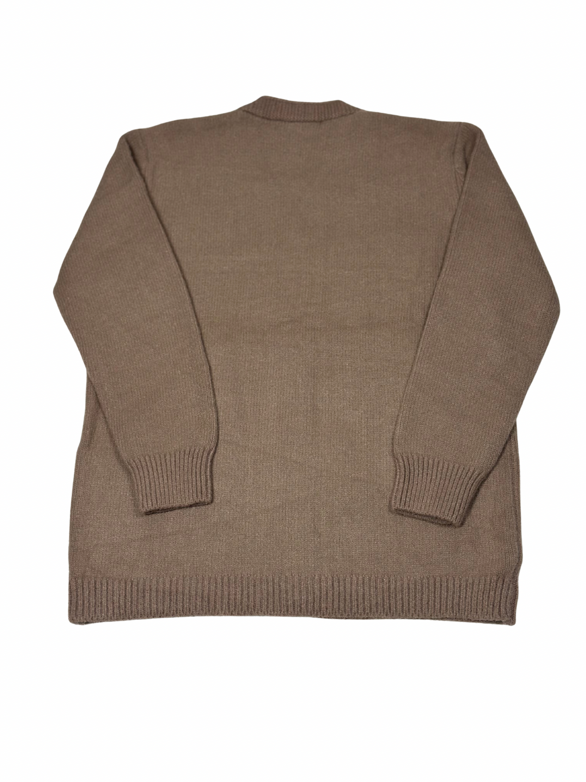 Cozy&Drape brown wool long sleeve cardigan sweater, back view showing ribbed cuffs and hem for a comfortable fit.