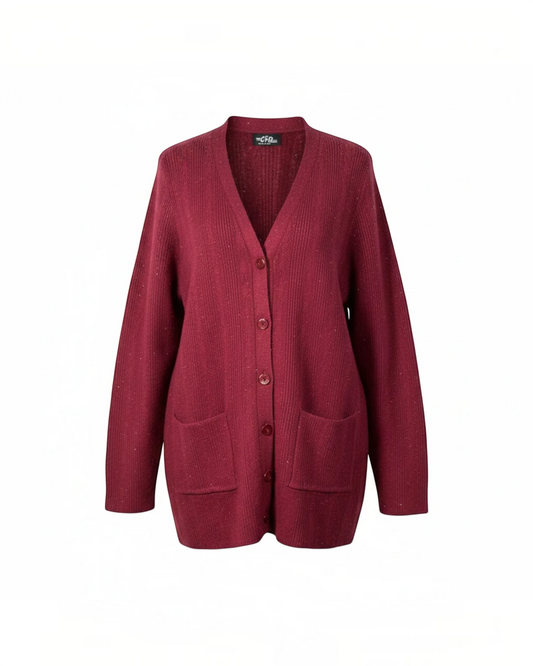 Cozy&Drape burgundy button-down knit cardigan with a V-neckline, full sleeves, and two front pockets.