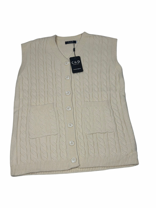 Cozy&Drape sleeveless cream wool cardigan sweater with cable knit pattern, front buttons, and two patch pockets.