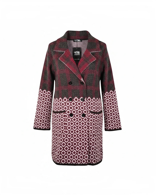Cozy&Drape double-breasted knit cardigan jacket featuring a burgundy plaid upper and geometric diamond lower pattern.