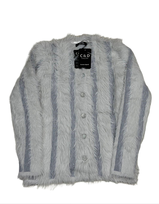 Cozy&Drape grey striped fur cardigan sweater with button front closure and long sleeves
