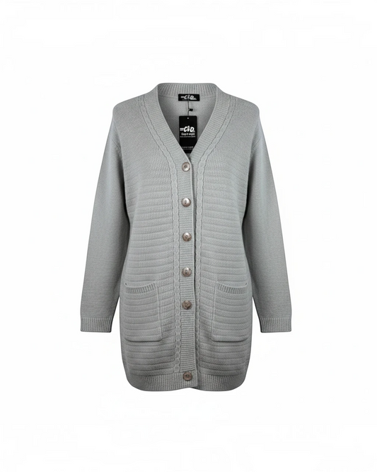 Cozy&Drape grey long cardigan sweater with a V-neck, button-up front, and two convenient patch pockets.