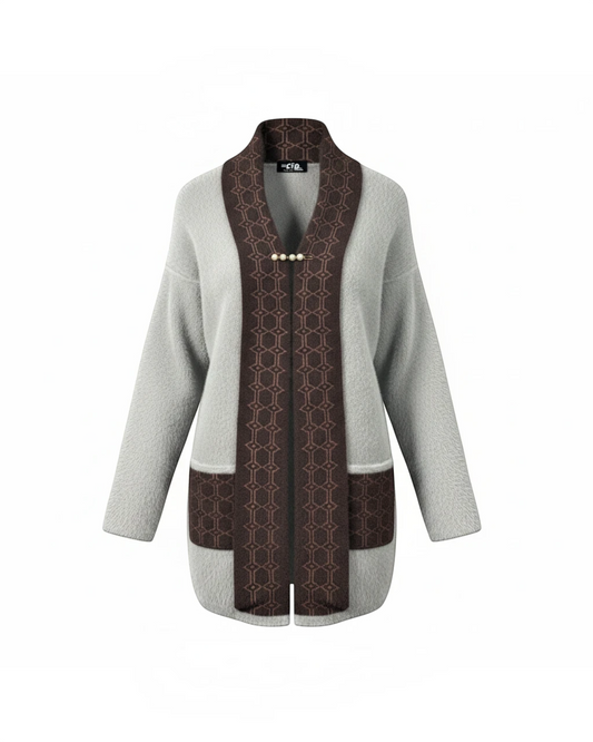 Cozy&Drape fuzzy knit cardigan in grey with a brown geometric patterned muffler front and pearl brooch closure.