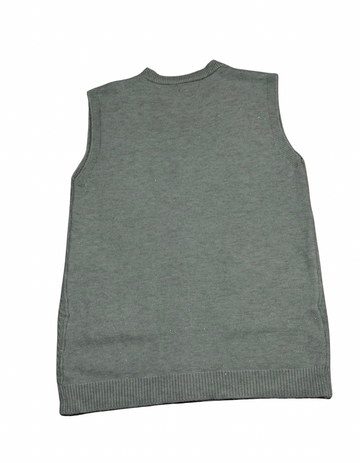 Cozy&Drape sleeveless wool cardigan sweater in grey with a ribbed hem and crew neck, back view.