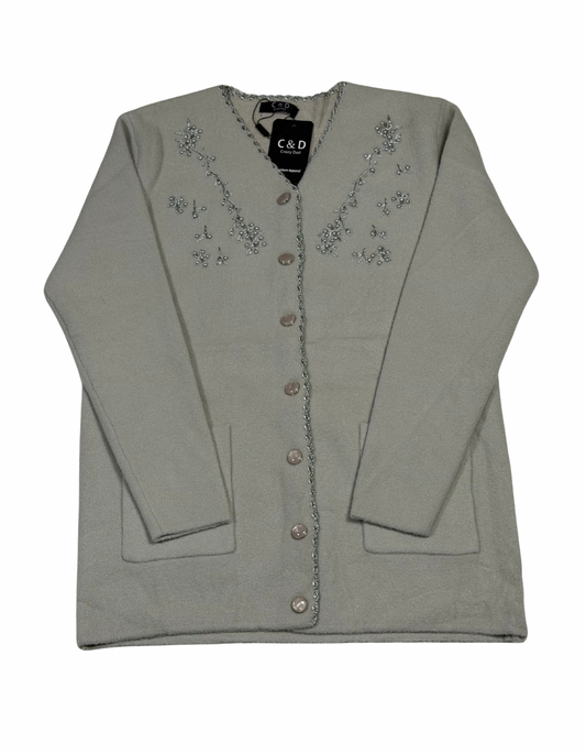 Cozy&Drape grey wool cardigan with front buttons, pockets, and delicate floral beadwork along the V-neckline.