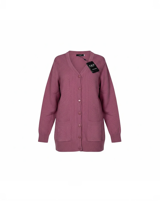 Cozy&Drape mauve V-neck cable-knit cardigan with button front, long sleeves, and two front pockets.