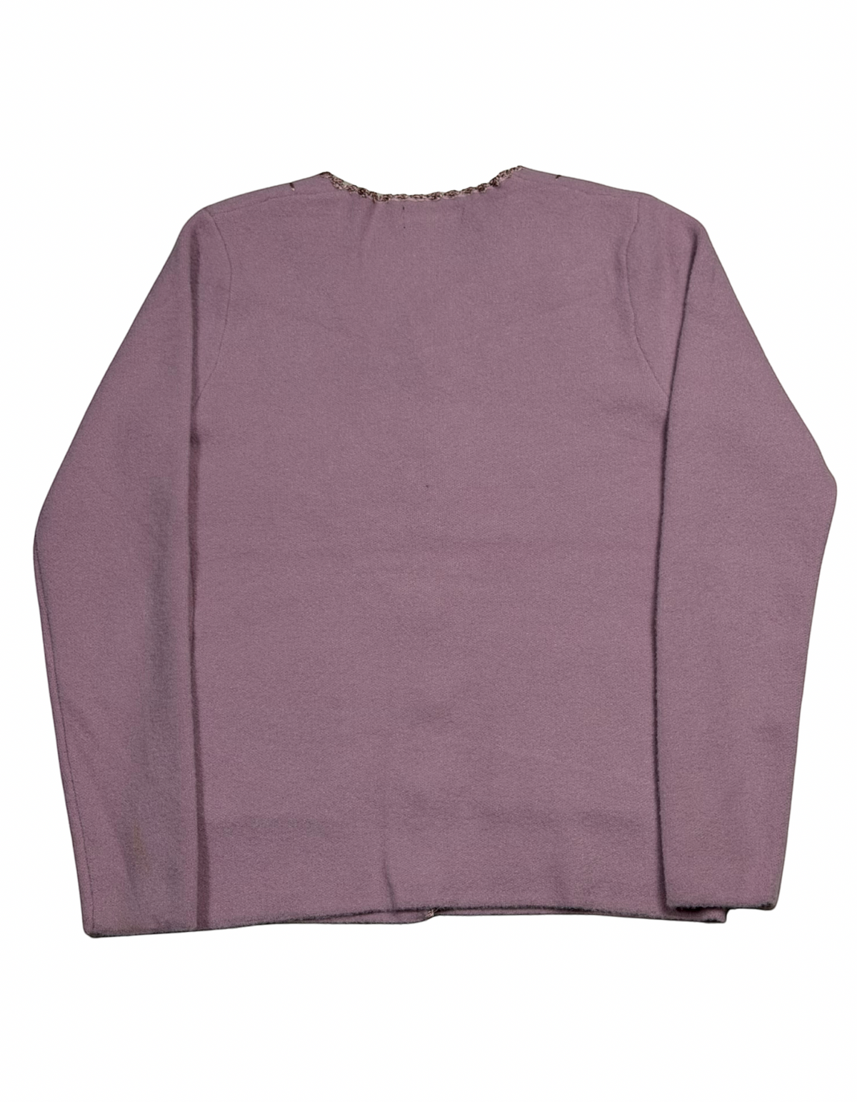 Back view of a Cozy&Drape mauve knit cardigan sweater with long sleeves and a soft texture