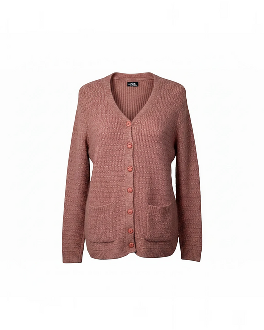 Cozy&Drape mauve button-up knit cardigan with a V-neckline, long sleeves, and two front pockets.