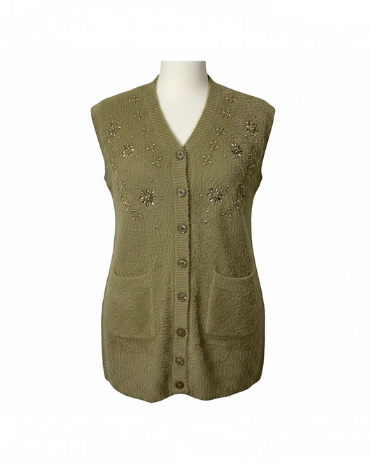 Cozy&Drape olive green sleeveless knit cardigan with V-neck, floral embroidery, beadwork, and front pockets.