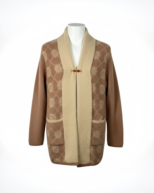 Cozy&Drape plush open-front cardigan in brown and beige with a geometric pattern, shawl collar, and clasp closure.