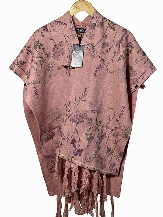 Cozy&Drape pink floral print cape shawl with fringe hem and button side closure for winter warmth