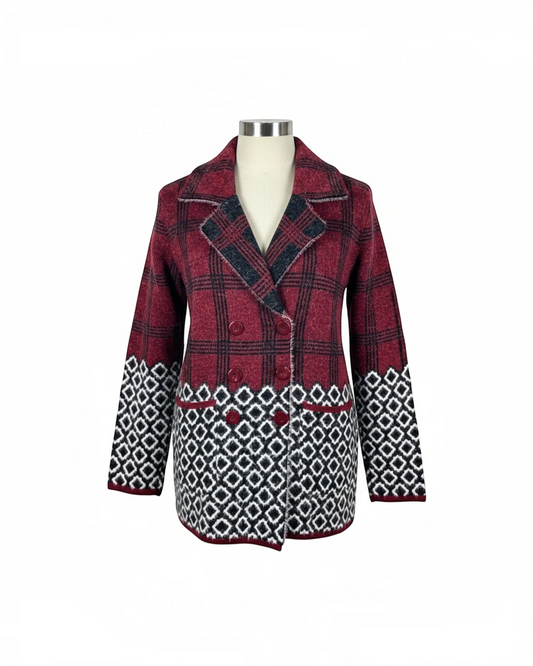 Cozy&Drape short cardigan sweater coat in red and black plaid with a geometric diamond pattern on the hem