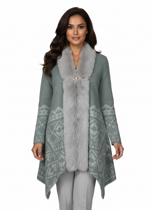 Cozy&Drape sage green knit cardigan with faux fur trim, geometric pattern, and gold-tone clasp closure on a model.