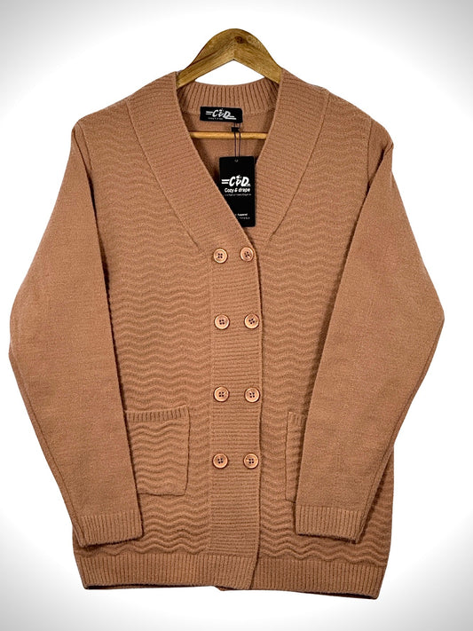 Cozy&Drape long cardigan sweater in tan with a textured wave pattern, front buttons, and two patch pockets.
