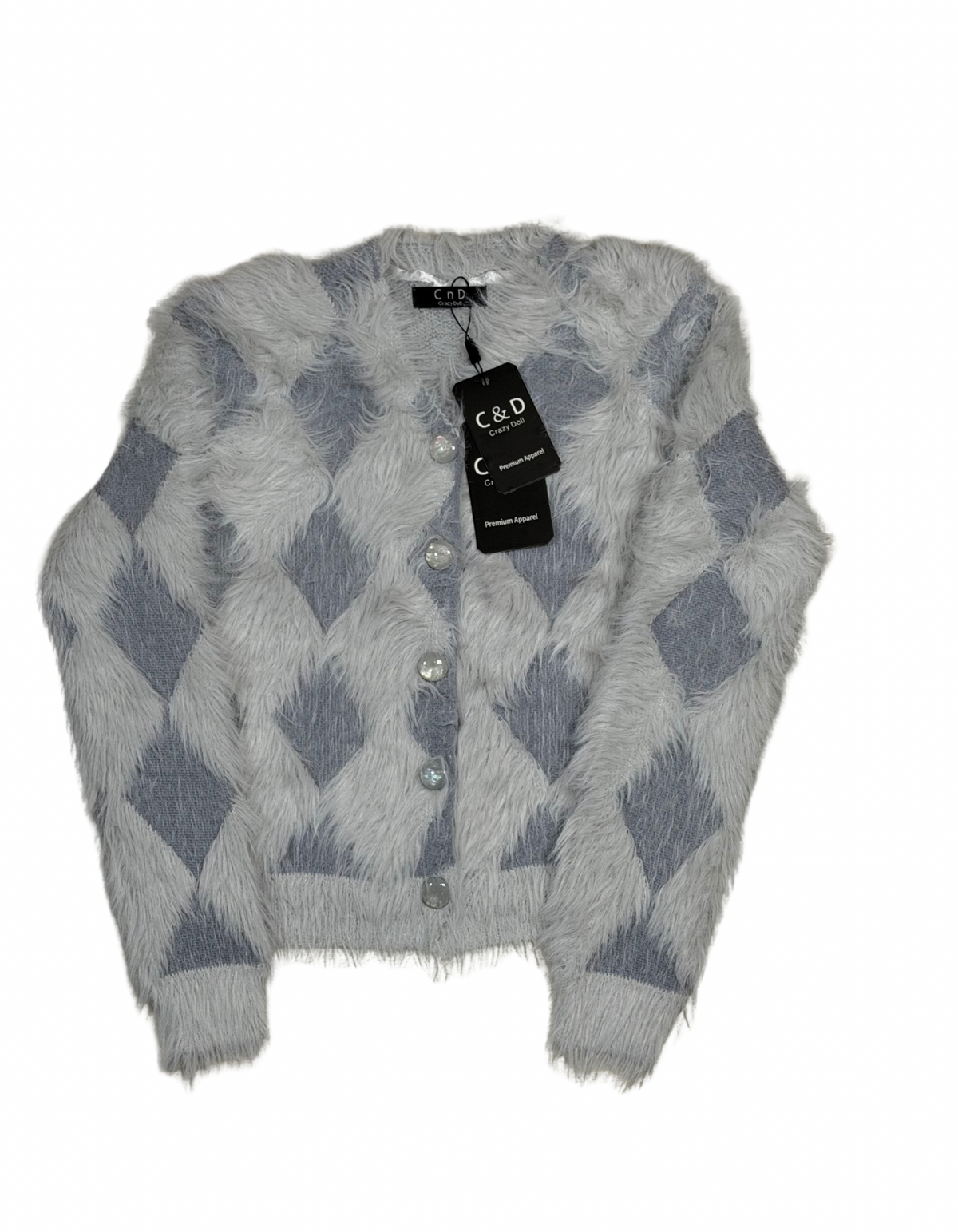 Cozy&Drape extra short cardigan sweater in light blue and grey argyle pattern made from soft fuzzy fur material