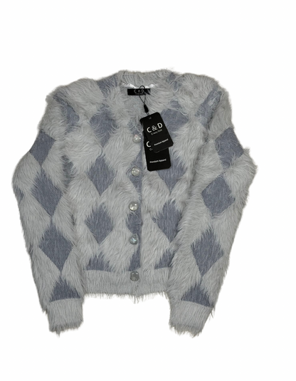 Cozy&Drape extra short cardigan sweater in light blue and grey argyle pattern made from soft fuzzy fur material