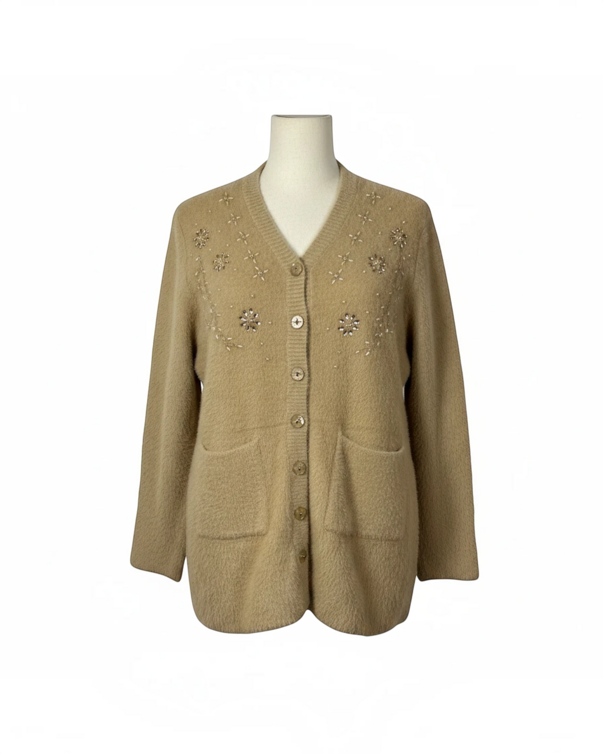 Cozy&Drape beige full sleeve cardigan sweater with button front, front pockets, and delicate floral bead embroidery.