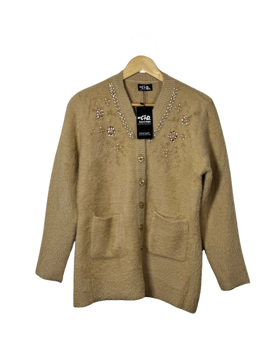 Cozy&Drape beige full sleeve cardigan sweater with front pockets and delicate beaded floral embroidery on the neckline