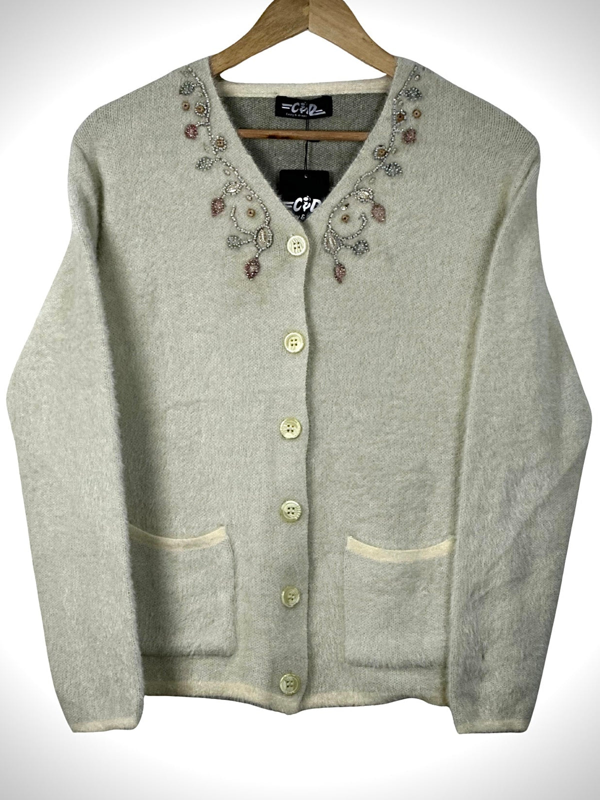 Cozy&Drape beige full sleeve cardigan sweater with beaded floral embroidery on the neckline and front pockets
