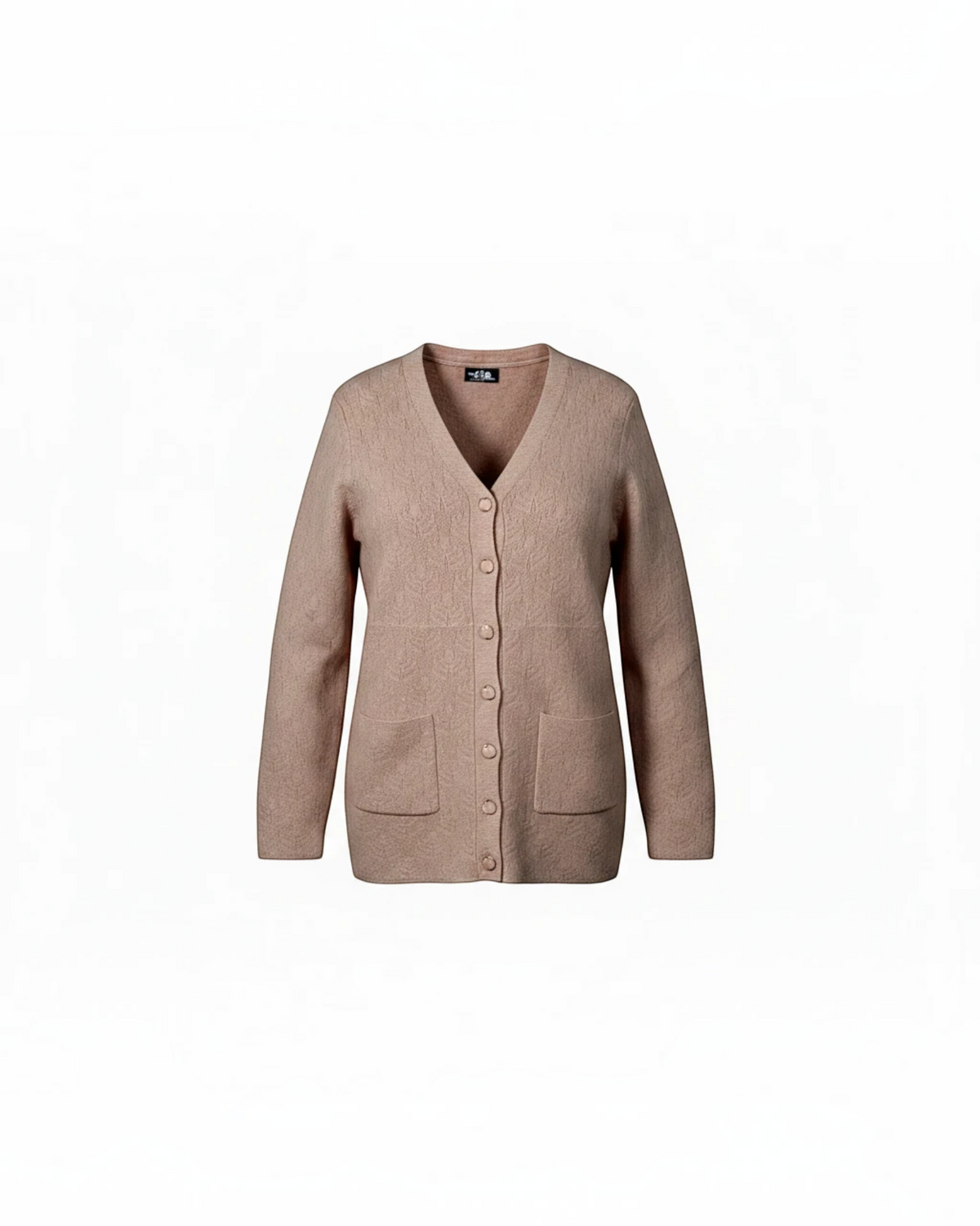Cozy&Drape beige V-neck button-up cardigan with long sleeves, front pockets, and a soft textured knit finish.