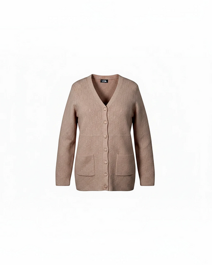 Cozy&Drape beige V-neck button-up cardigan with long sleeves, front pockets, and a soft textured knit finish.