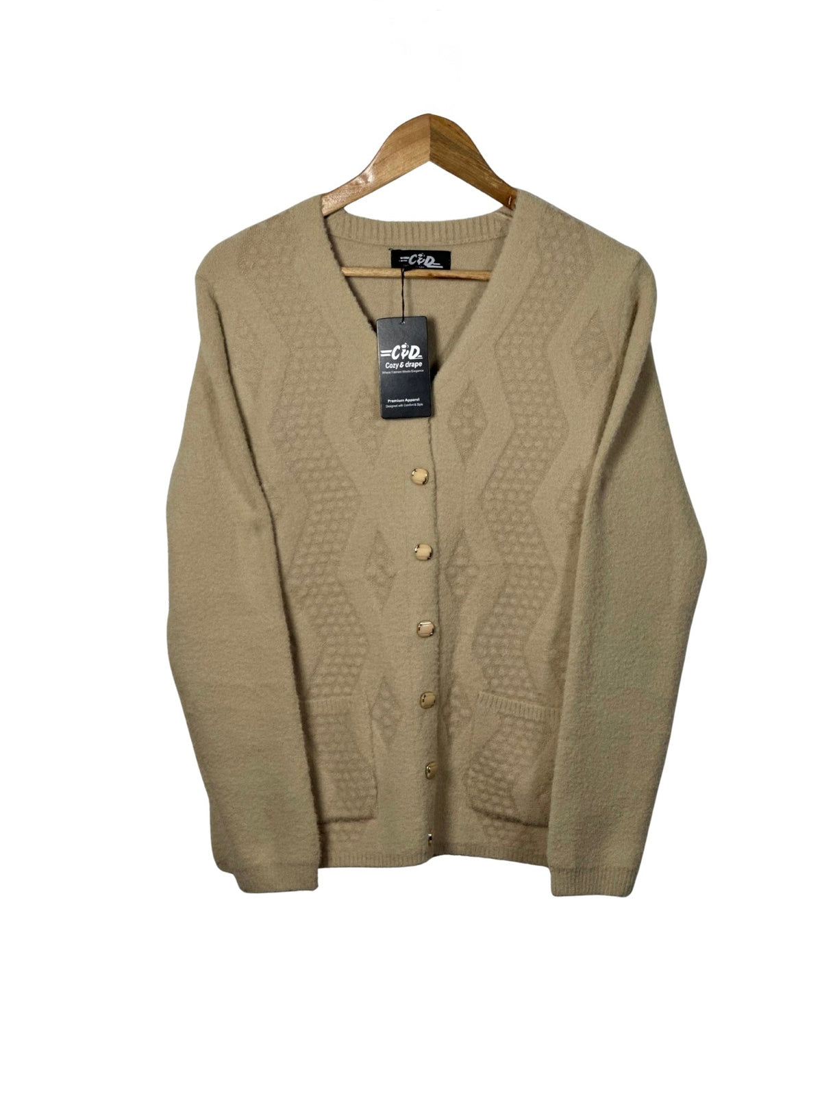 Cozy&Drape beige button-up cardigan sweater with textured diamond pattern and front pockets on a wooden hanger