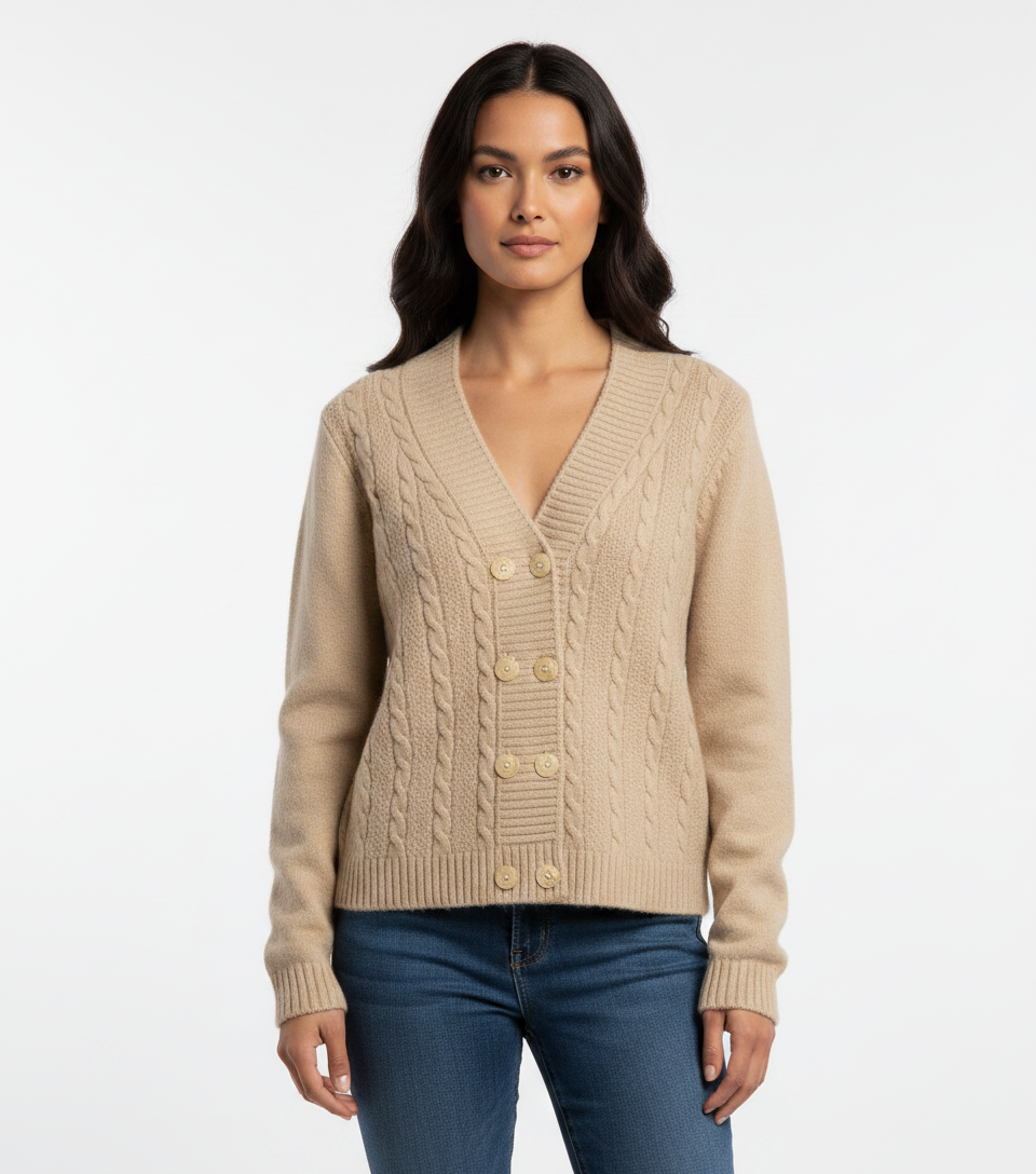 A model wearing a Cozy&Drape beige cable-knit V-neck cardigan with a button-front closure and ribbed trim.