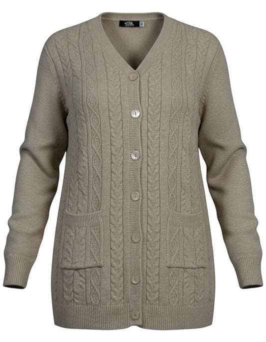 Cozy&Drape beige cable-knit cardigan with V-neck, button-up front, and two front pockets in a shimmering knit fabric.
