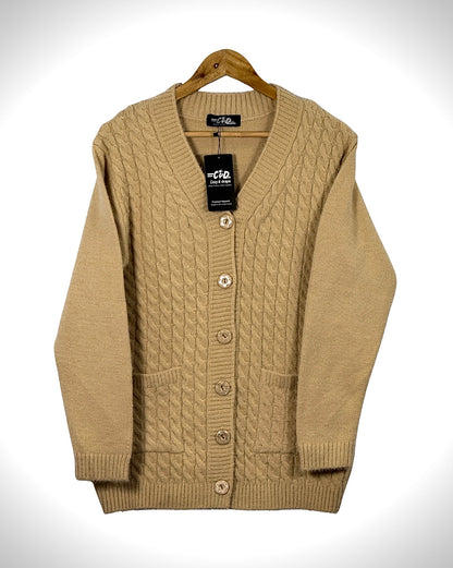 Cozy&Drape beige cable knit cardigan sweater with long sleeves, front buttons, and two pockets on a wooden hanger.