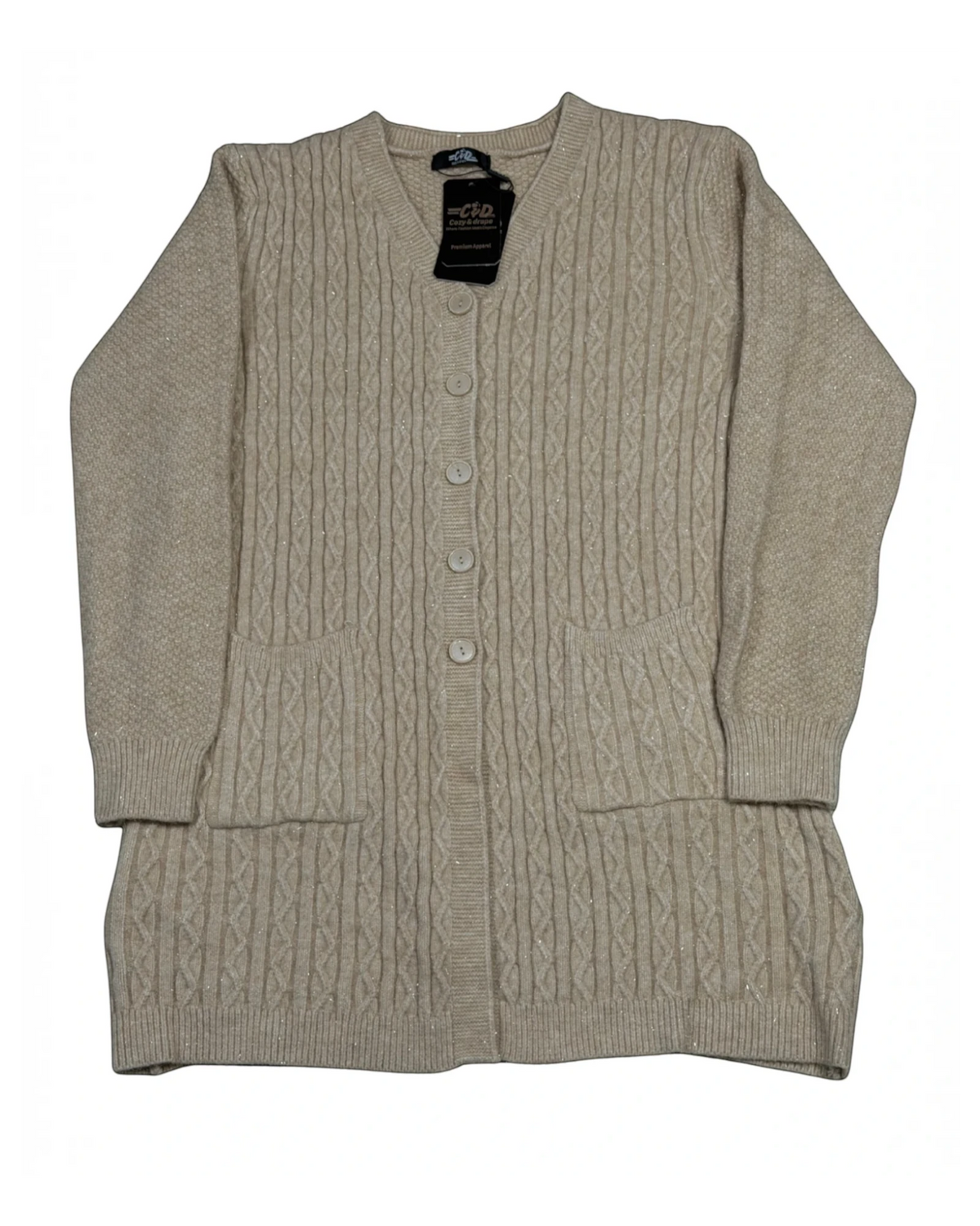 Cozy&Drape long beige cable-knit button-down cardigan with front pockets and subtle shimmer detail