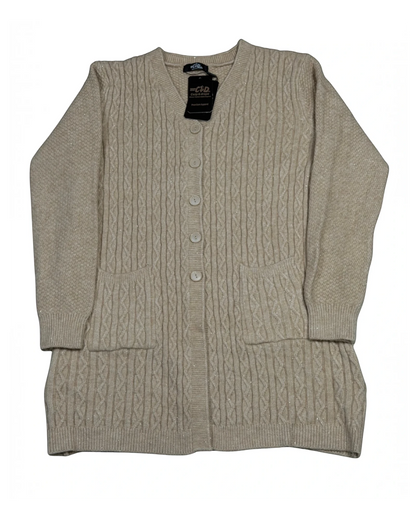 Cozy&Drape long beige cable-knit button-down cardigan with front pockets and subtle shimmer detail