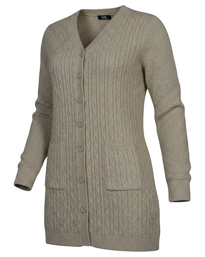 Cozy&Drape long beige cable-knit button-down cardigan with V-neckline, front pockets, and subtle shimmer finish.