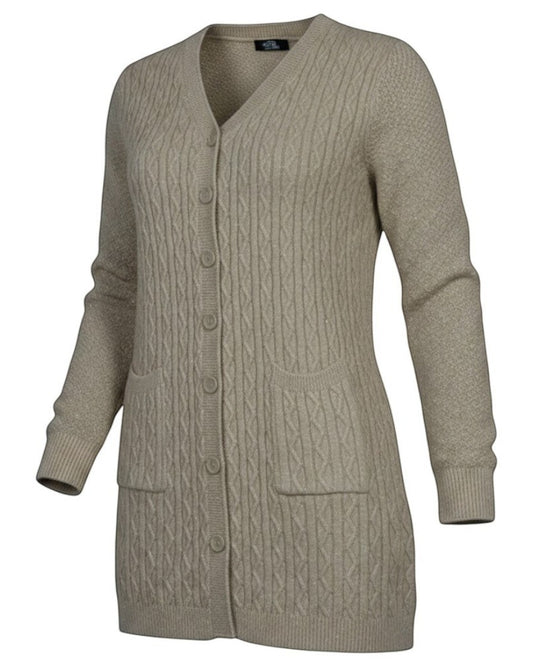 Cozy&Drape long beige cable-knit button-down cardigan with V-neckline, front pockets, and subtle shimmer finish.