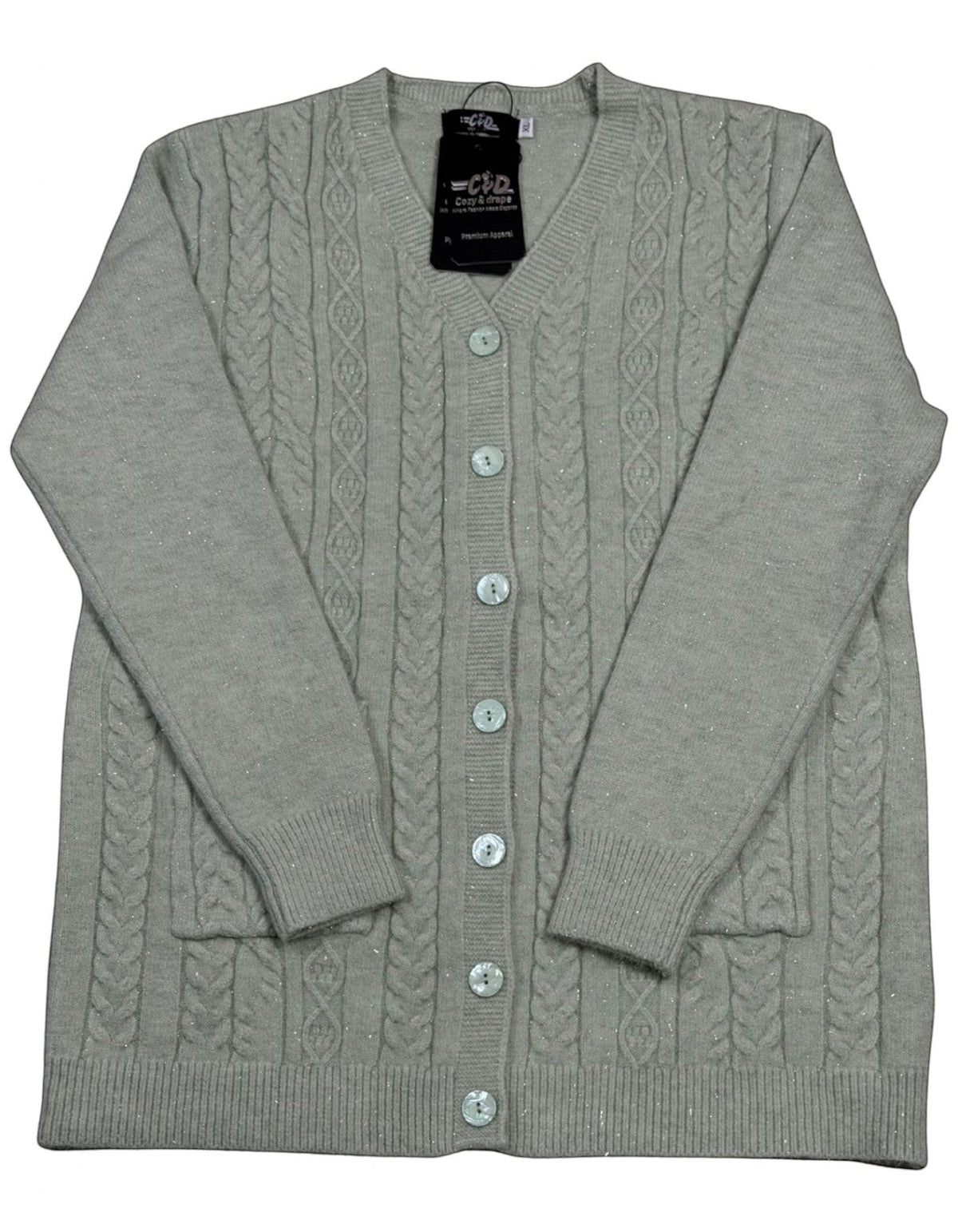 Cozy&Drape beige cable-knit V-neck cardigan with a button-up front, front pockets, and subtle shimmering texture.