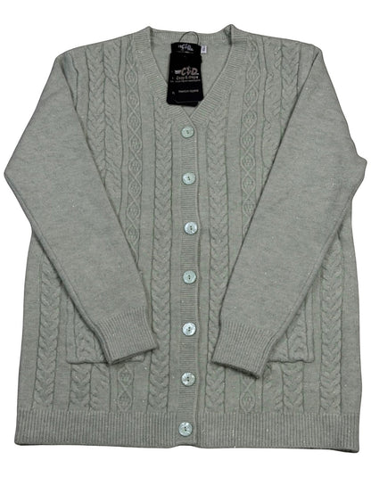 Cozy&Drape beige cable-knit V-neck cardigan with a button-up front, front pockets, and subtle shimmering texture.