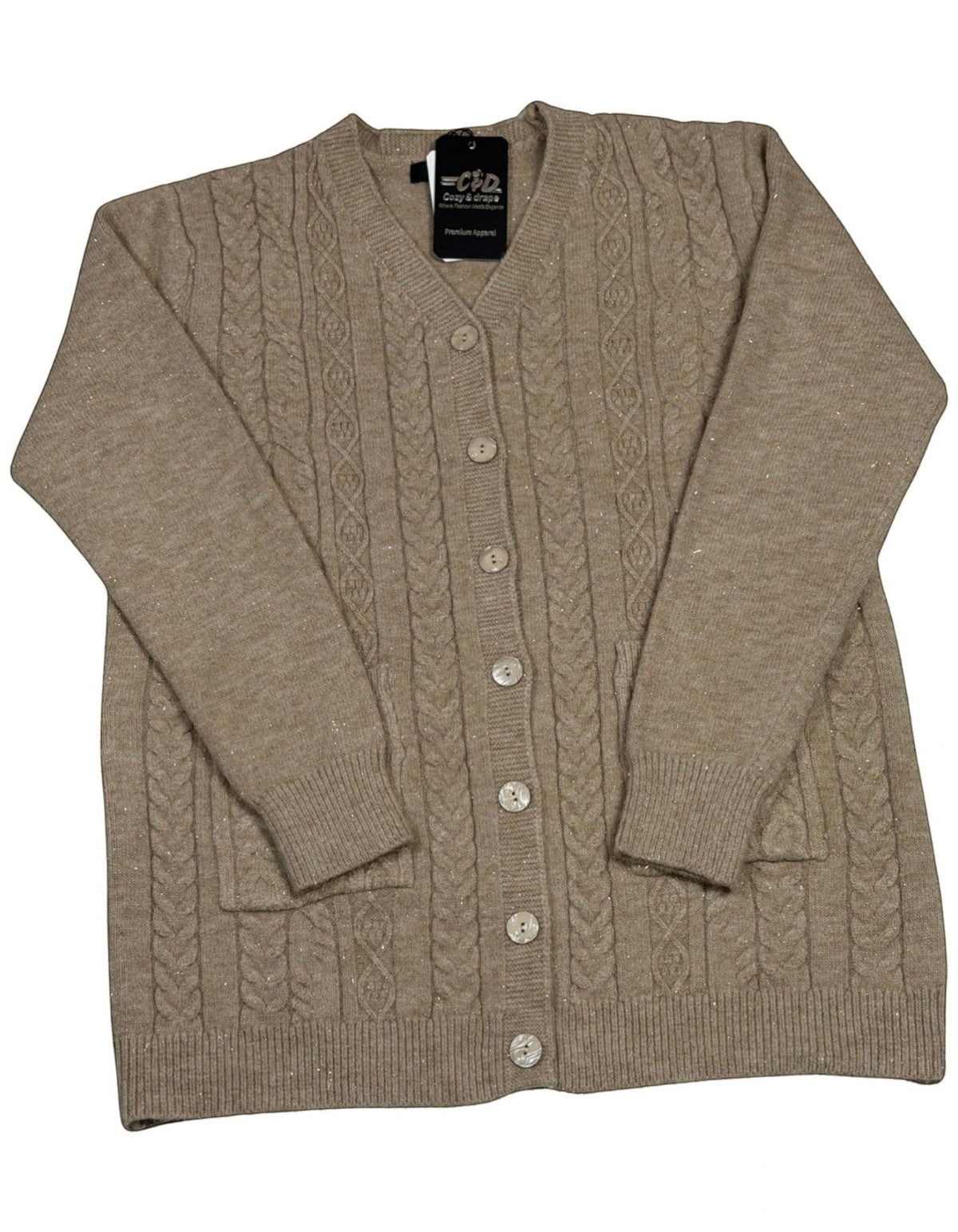 Cozy&Drape beige cable-knit cardigan with a V-neck, button-up front, and two front pockets in a shimmering knit.