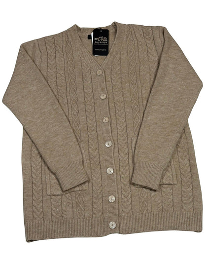 Cozy&Drape beige cable-knit cardigan with a V-neck, button-up front, and two front pockets in a shimmering knit.