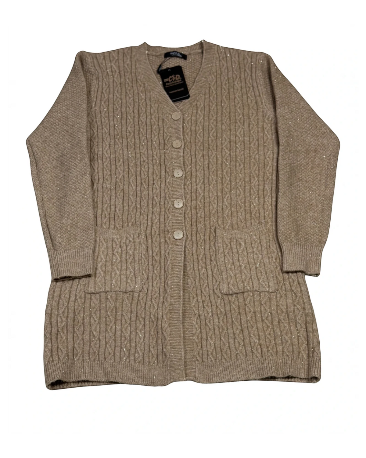 Cozy&Drape long beige cable-knit button-down cardigan with front pockets and subtle shimmer detail.