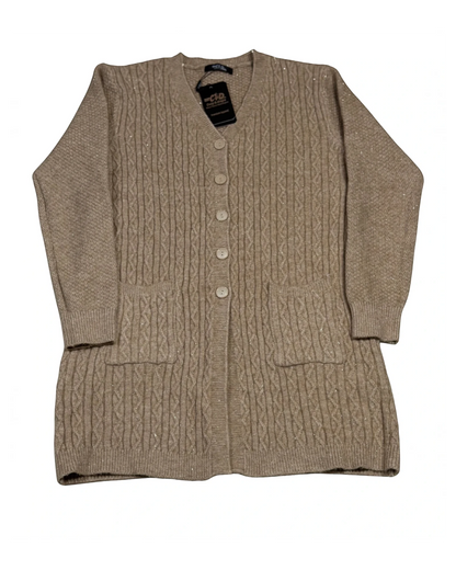 Cozy&Drape long beige cable-knit button-down cardigan with front pockets and subtle shimmer detail.